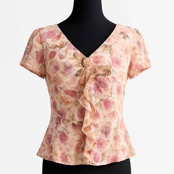 Cynthia Rowley Tops - Cynthia Howie Silk Blouse Size 8 Vintage Floral Ruffle Front Pink 90s